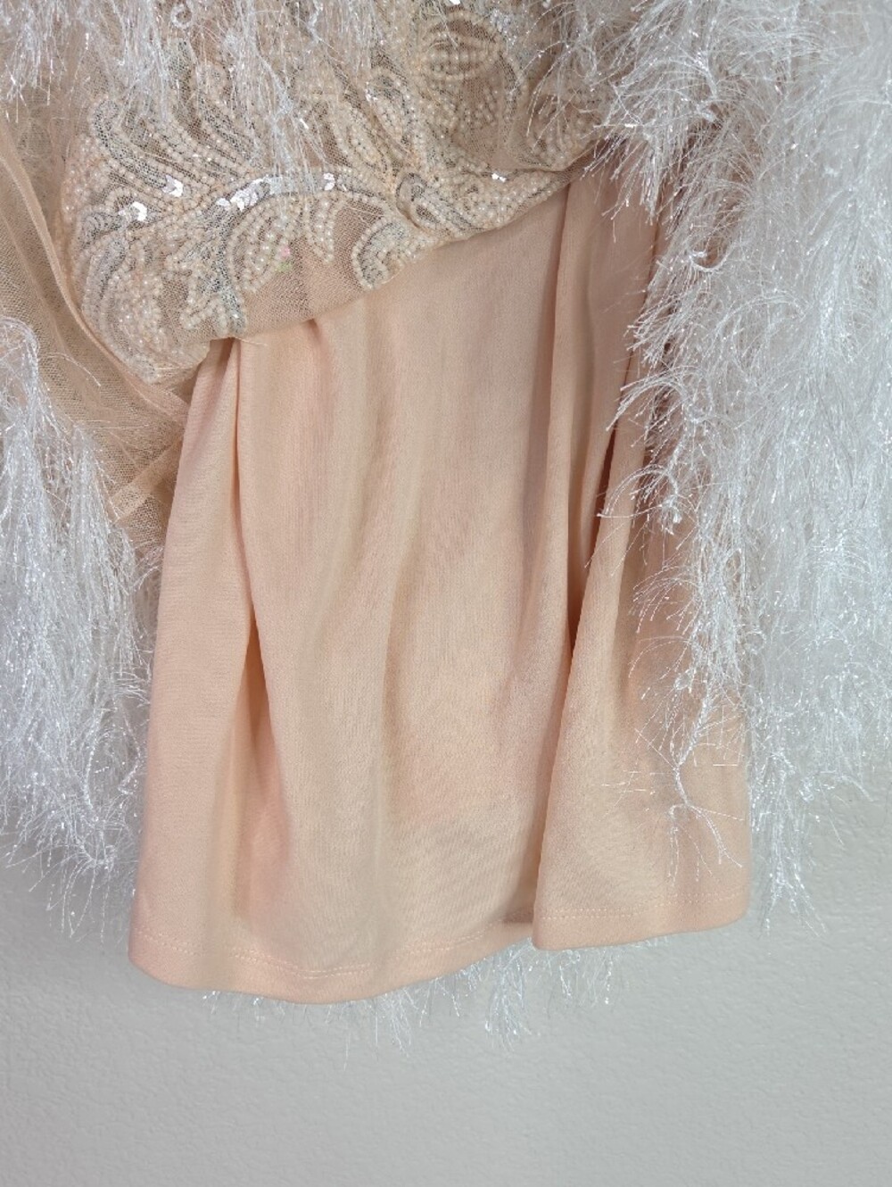 Beaded Feather Hem Nude Cocktail Dress - Picture 7 of 7